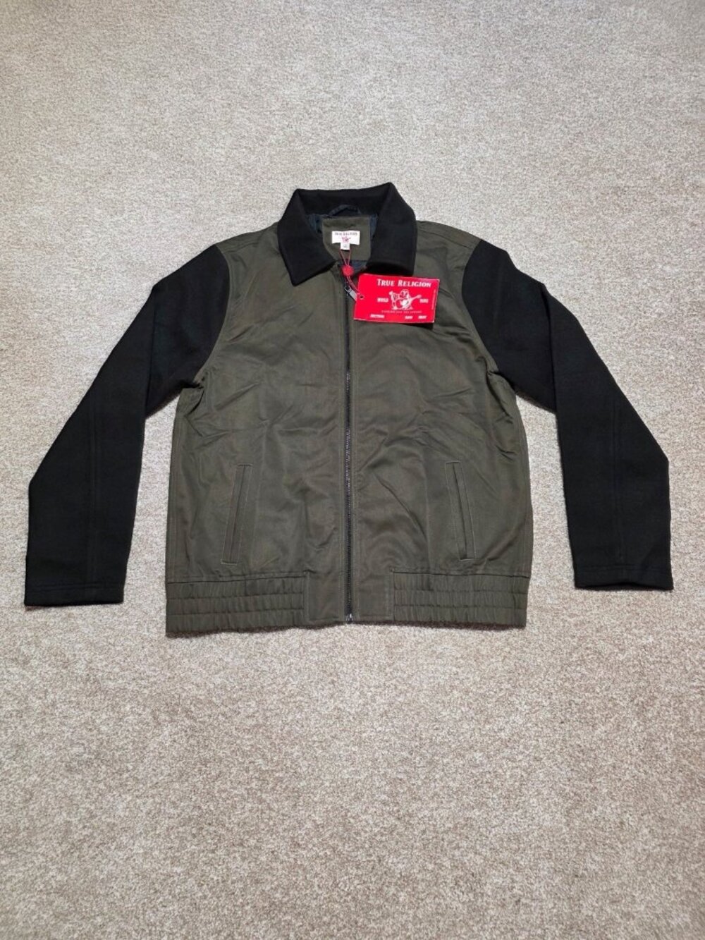 True Religion Military Green Black Full Zip Bomber Jacket Men’s Size Large